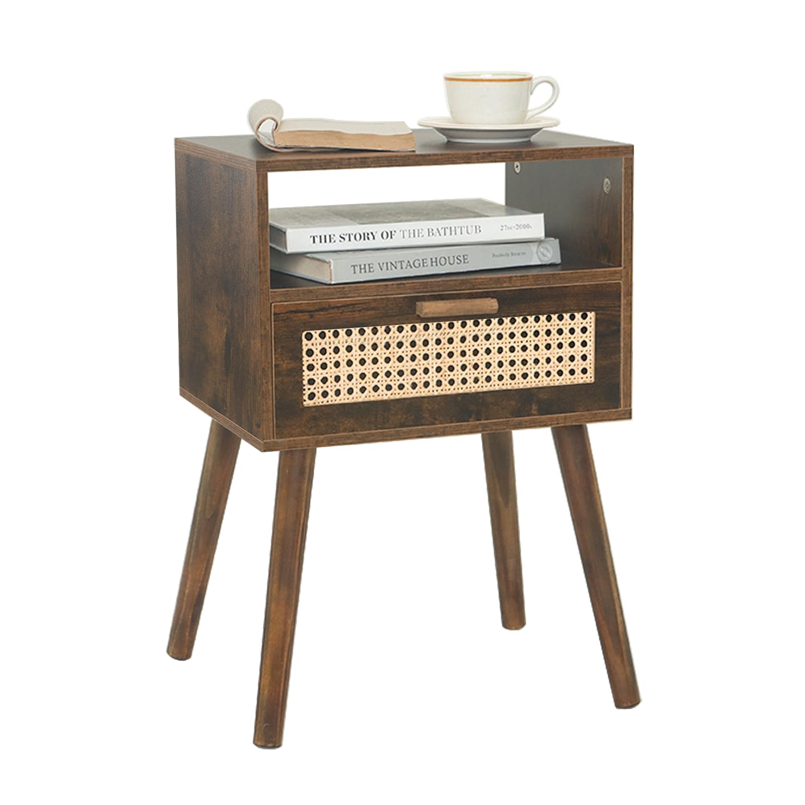 Mesita de noche de mediados de siglo, mesa auxiliar de ratán con cajón, mesita de noche moderna de madera para dormitorio, sala de estar y espacios pequeños (marrón rústico)
