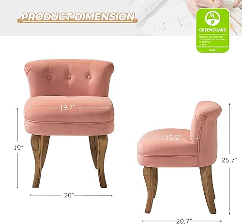 Miniatura 2 de HULALA HOME Velvet Vanity Stool with Low Back, Modern Vanity Chair with Solid Wood Legs, Small Upholstered Makeup Chair Home Decor for Bedroom