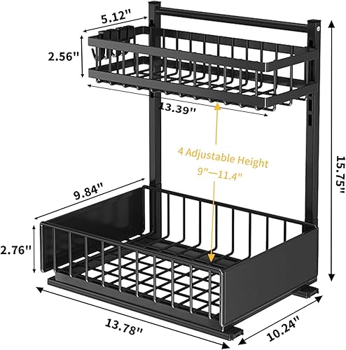 Miniatura 7 de Organizador para debajo del fregadero, organizador ajustable de 2 niveles con ganchos, estante deslizante para debajo del gabinete, organizador