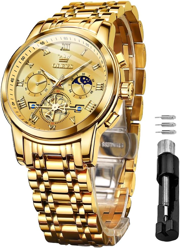 Watches for Men Chronograph Business Wrist Watches Analog Quartz Moon Phase Stainless Steel Waterproof Luminous Dress Watches