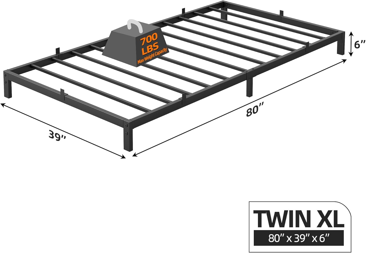 6 Inch Twin XL Bed Frame, Metal Platform Bed Frame with Sturdy Heavy Duty and 6 Non-Slip Mattress, Bed Frame with Reserved Holes for DIY Headboard,Storage Space Under The Bed,Noise Free