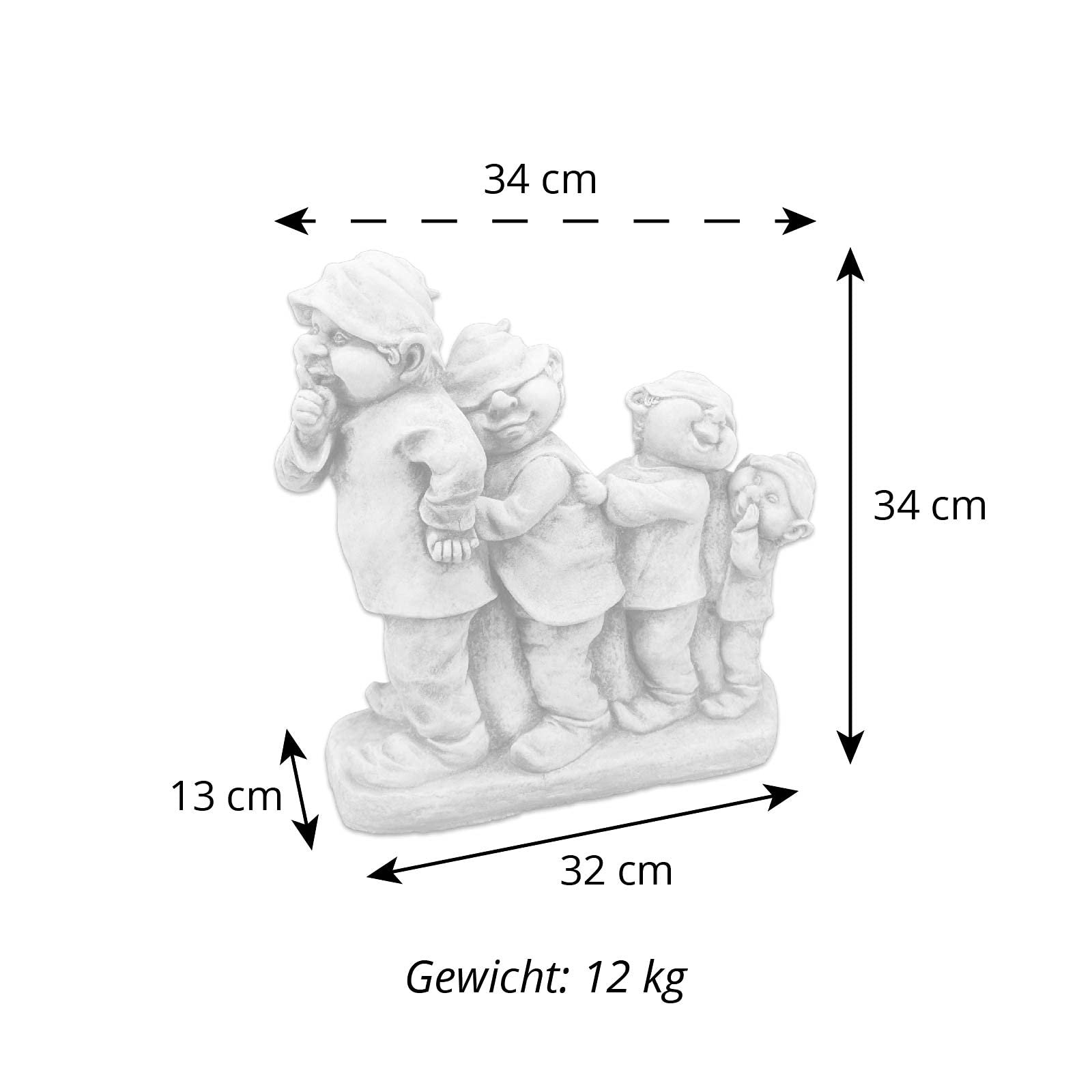 gartendekoparadies.de Gnom-Truppe, Steinfigur Wichtel, H. 34 cm, 12 kg, Grau, frostsicher aus Steinguss für Außenbereich
