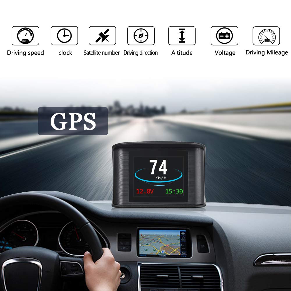 GPS HUD Display Auto Universal, Smart Digital Cockpit con pantalla LCD y fuente de alimentación para encendedor de cigarrillos, velocidad en tiempo real, dirección de marcha y alarma de velocidad para
