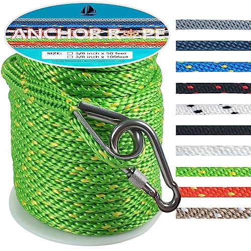 3/8 Inch 100 FT Anchor Rope, Boat Anchor Rope Solid Braid MFP, Anchor Line with 316 Stainless Steel Thimble and Snap Hook - Green & Yellow