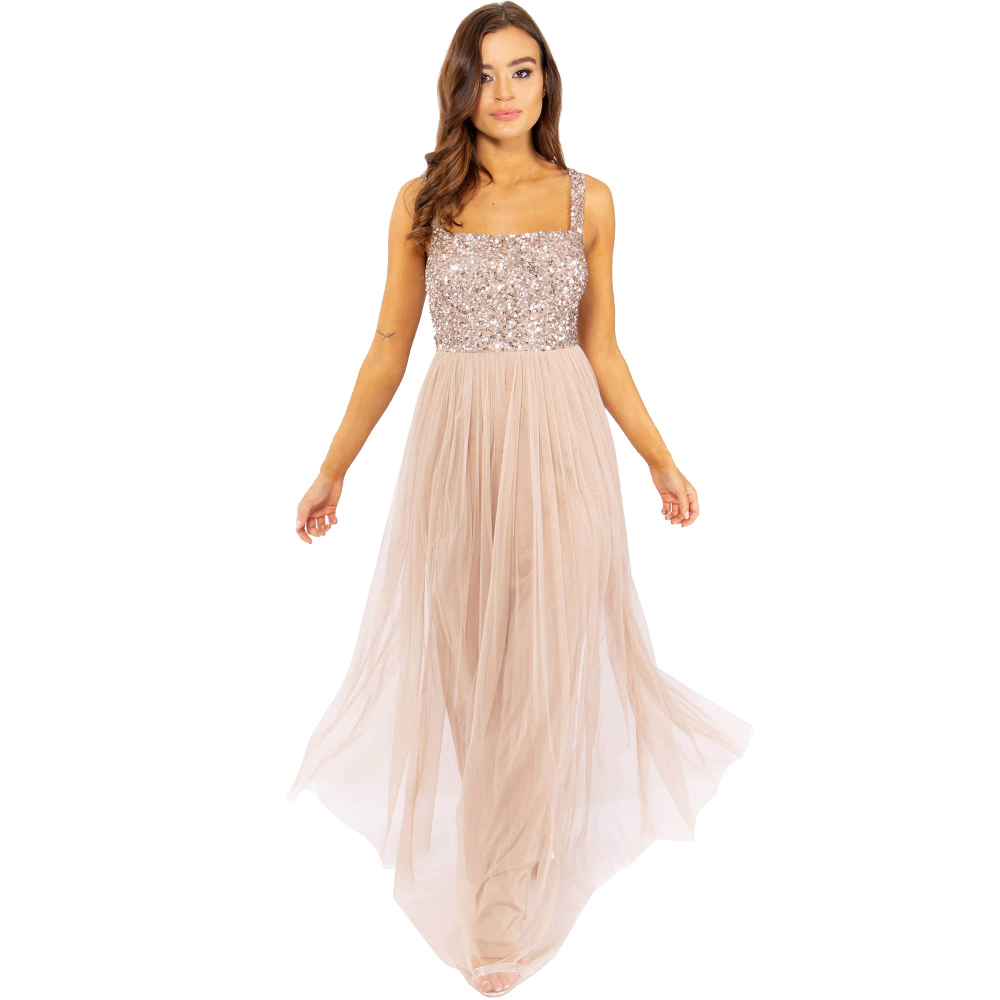 Maya Deluxe Damen Damen Maxikleid mit Breiten Trägern, Ärmellos, Quadratischer Ausschnitt, Verziert für Hochzeit, Gast, Abschlussball Bridesmaid Dress (1er Pack)
