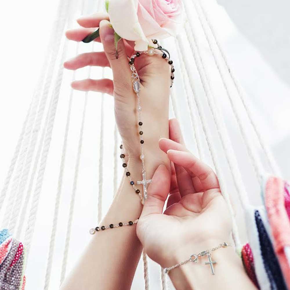 Bling Jewelry Sottile Semplice Religioso Preghiera Palla Perline Croce Rosario Bracciale Per Le Donne Per L'Adolescenza .925 Argento Sterling