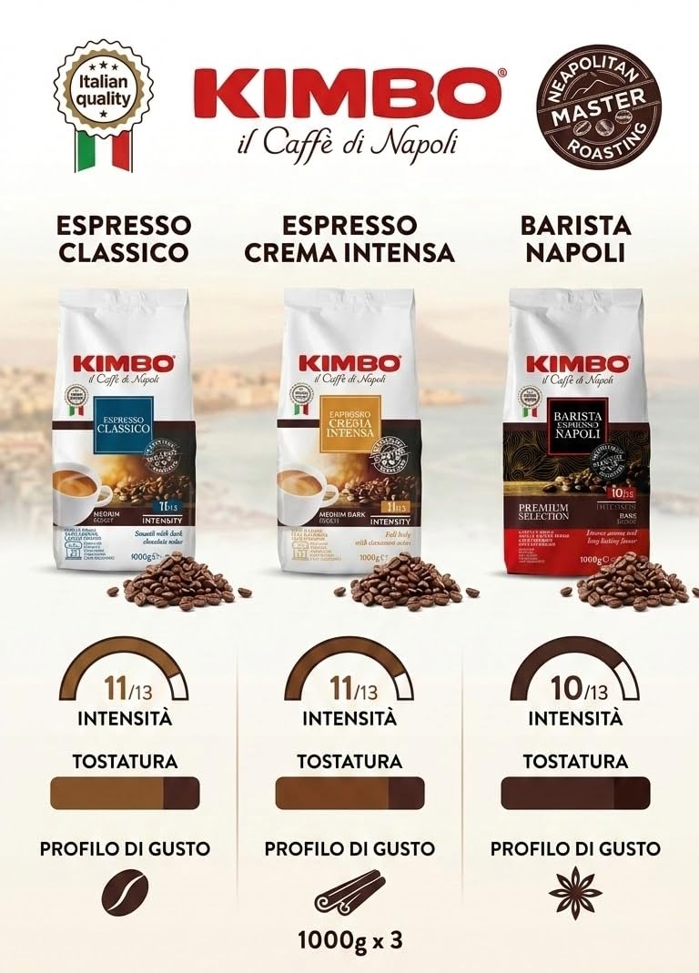Set Degustazione Caffè Kimbo in grani: Classico, Espresso Napoli e Crema Intensa 1 kg x 3