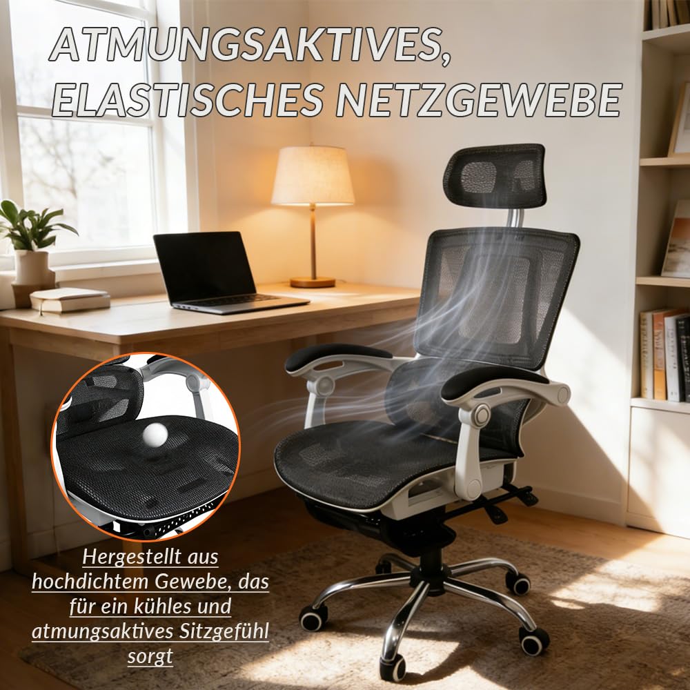 Sedia da ufficio ergonomica con forte supporto lombare regolabile, in rete traspirante, con ampia seduta, poggiapiedi, stabile scrivania per computer (bianco)
