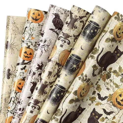 RUSPEPA Vintage Halloween Wrapping Paper Sheets Black Cat Pumpkin Raven & Spider Gothic Gift Wrap Paper for Halloween Party Trick or Treat Gifts 6 Folded Sheets 19.68 X 27.5 Inch