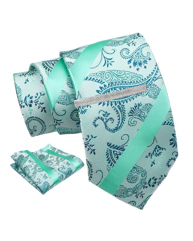 Cyan Blue Striped Pasiley Tie For Men – Formal Ties Set With Pocket Square & Tie Pin Clip For Mens, Silk Neckties Gift Sets For Men’s (AXNW21)-image-10