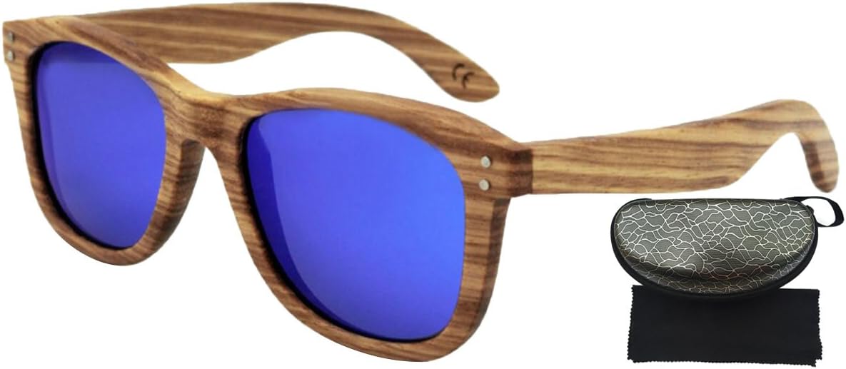 FENGJI Mens or Womens Handmade Zebra Wooden Rimmed Horn Retro Vintage Classic Polarized Sunglasses with Eyeglasses Case Blue lens