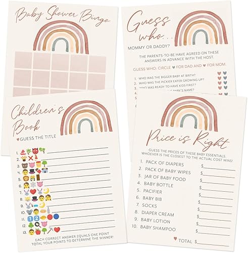 Printed Party Juego de baby shower  4 juegos y actividades para 30 invitados, incluye bingo, precio correcto, adivinanzas de título de libro de