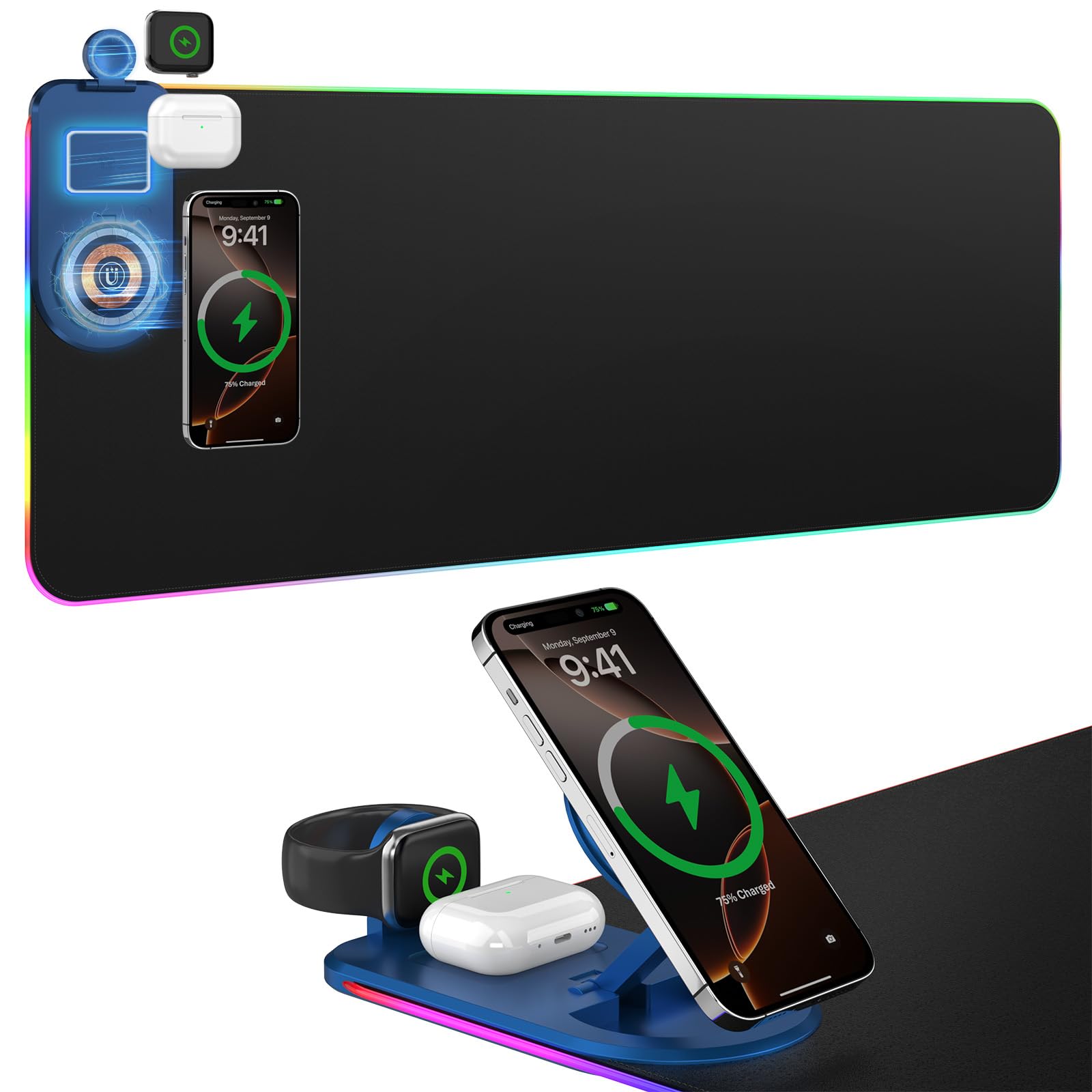 besky Tappetino per mouse da gioco RGB con supporto pieghevole per telefono, stazione di ricarica magnetica 3 in 1, grande tappetino da scrivania, superficie impermeabile, base in gomma antiscivolo