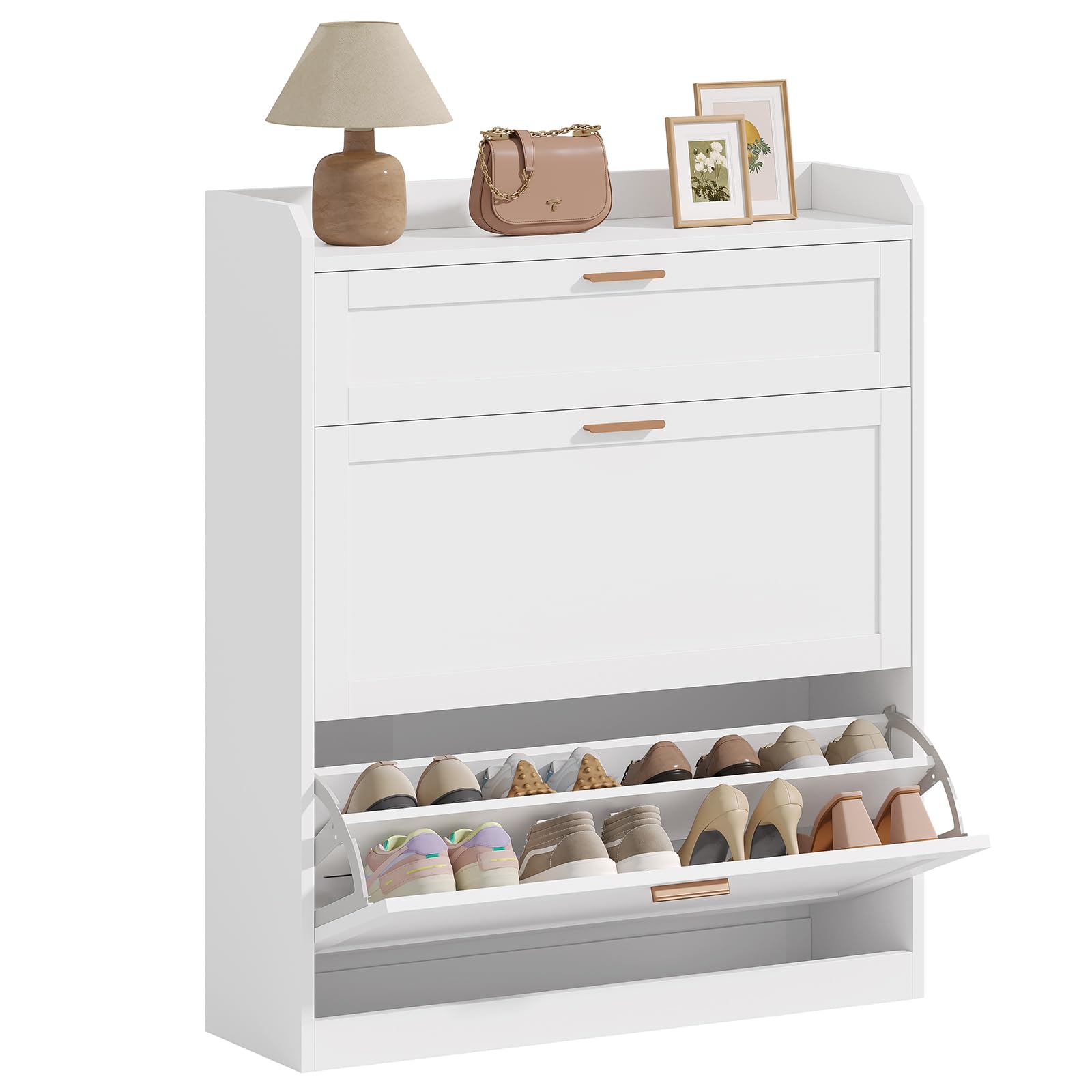 KIMENICH Scarpiera con 2 Scomparti a Ribalta, Scarpieras con 1 Cassetti, Scarpiera Salvaspazio, Divisorio Regolabile, per 12-16 Paia di Scarpe, Corridoio, Ingresso, 24 x 80 x 104 cm, Bianco