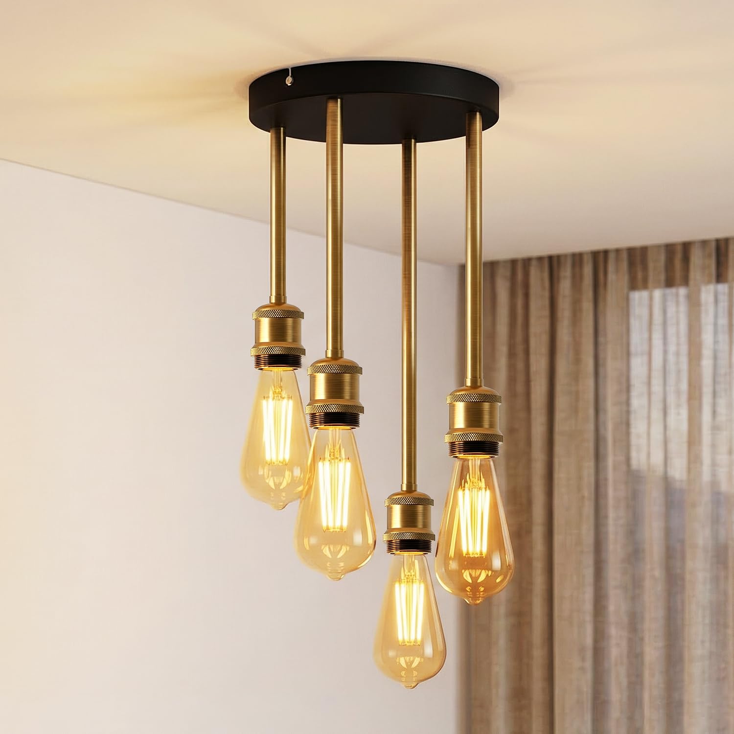 ANWIO Lampadario a Sospensione E27, Lampada da Soffitto Industriale Vintage Nero, Lampadari Cucina 4 Luci，Lampadario Moderno Per Soggiorno, Sala da Pranzo, Camera Da Letto(Senza Lampadina)