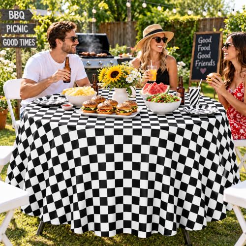 Image of 4 Pack Black and White Checkered Round Tablecloths, 84 Inch Plastic Covers