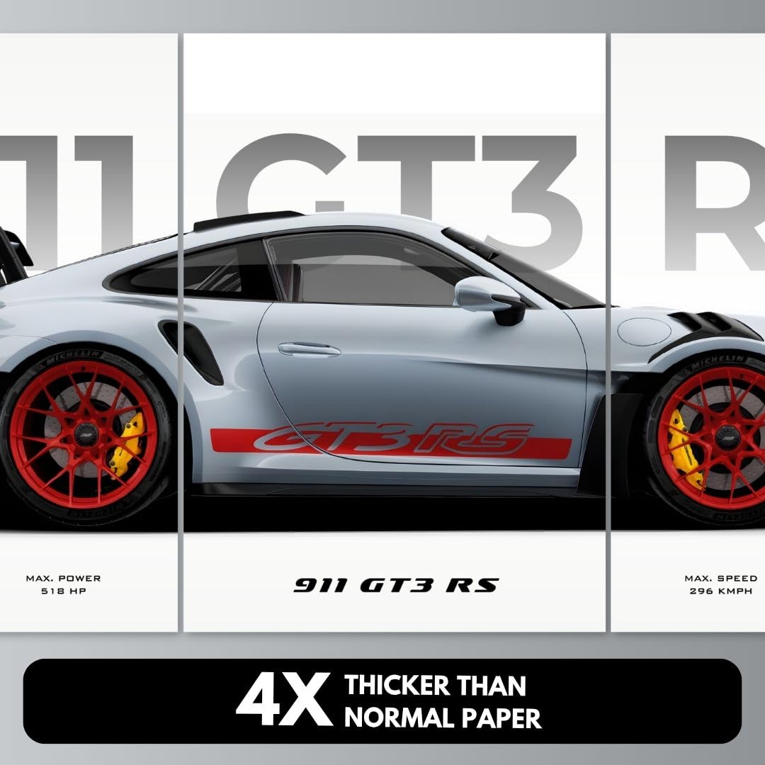 Funk You Store Porche 911 GT3 RS Poster Split Design Car Posters | 3 A3 Sized Cars Poster for Wall | Porche Large Size (89 x 42 cm) Wall Decor | Car Posters for Room | Supercar (B_011) 2