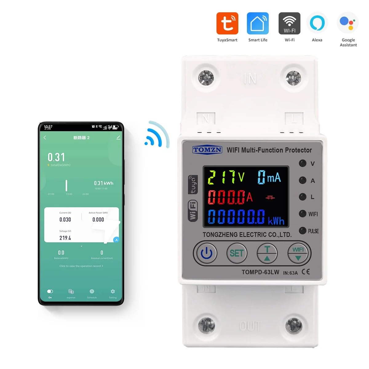 Generisch Leitungsschutzschalter, Sicherungsautomat 63A 80A WiFi Smart Energy Meter Kwh Metering Circuit Breaker Timer Mit Spannung Strom Und Leckage Schutz(80A)