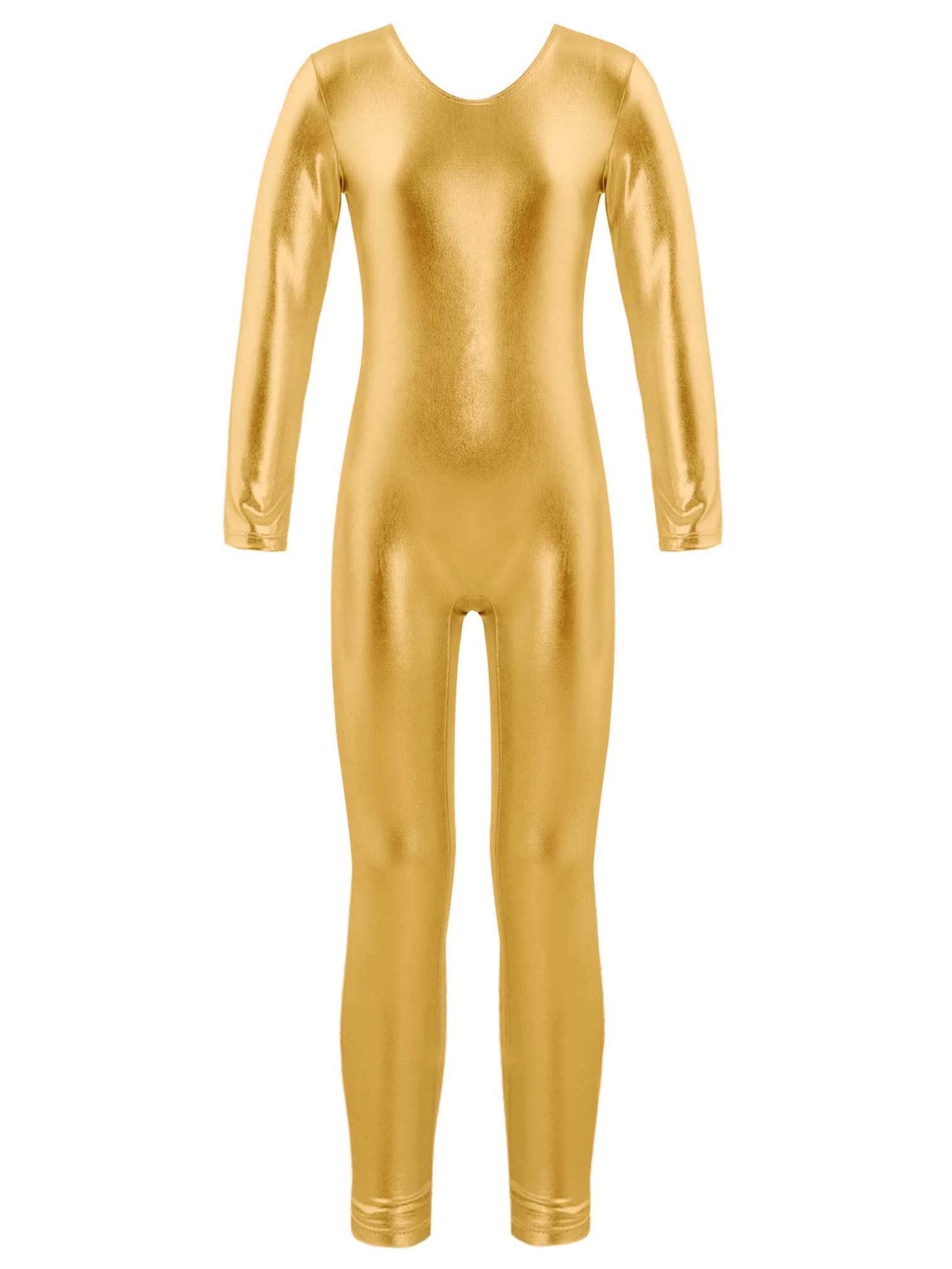 Agoky Metallic turnpak voor meisjes, lange mouwen, body, overalls, full-body pak, jumpsuit, ballet, tricot, danspak, fitness, sport, leotard, goud B, 134-140