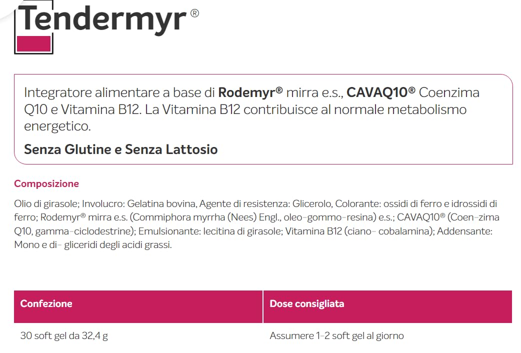 Revalma Tendermyr 30 Soft Gel - Integratore Alimentare con Rodermy mirra e.s.- CAVAQ10 (coenzima Q10) - Vitamina B12
