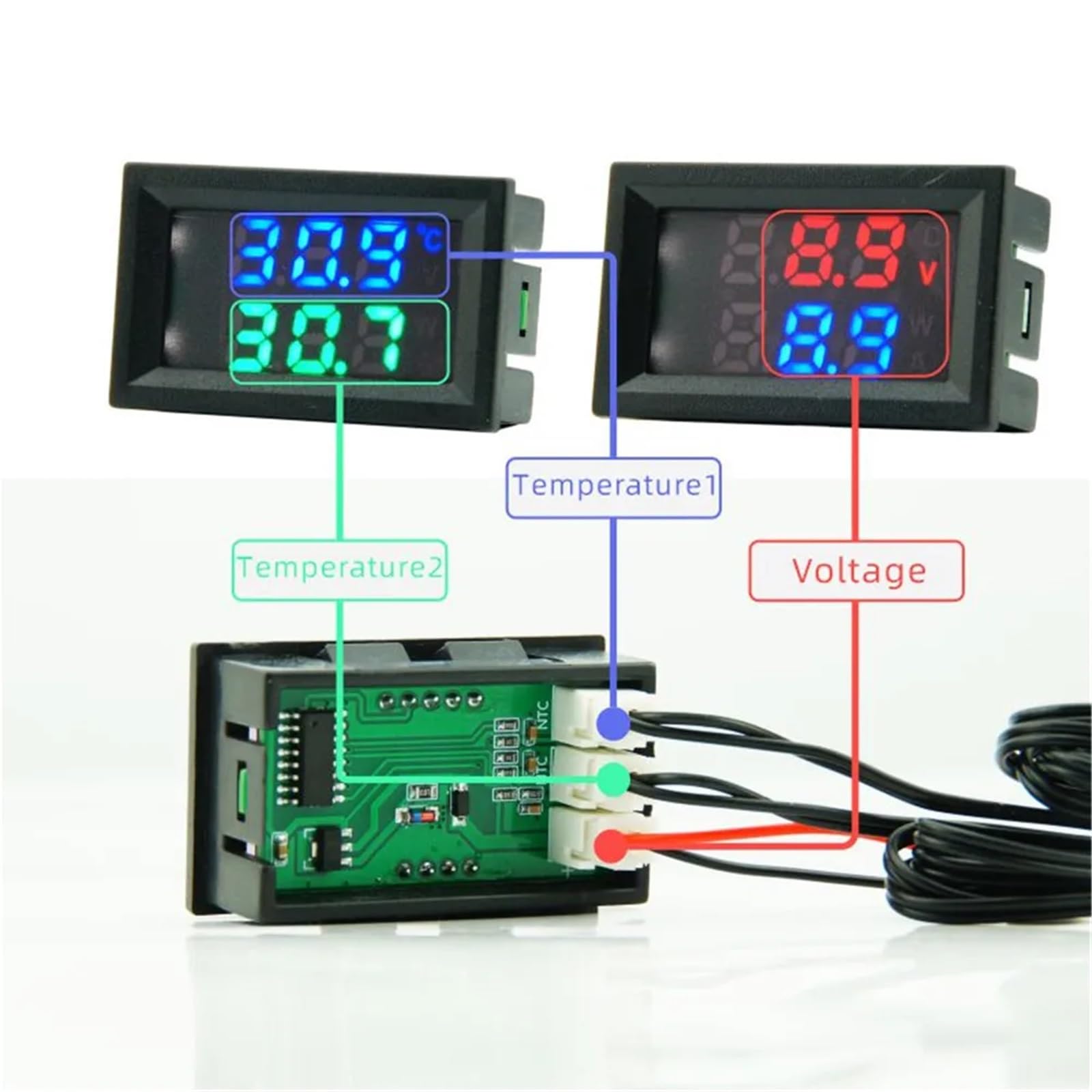 1 szt. 4 V-30 V Mini LED Dual Display Digital Czujnik temperatury W/NTC wodoszczelna metalowa sonda tester temperatury do wnętrz (niebiesko-zielony pierścień)