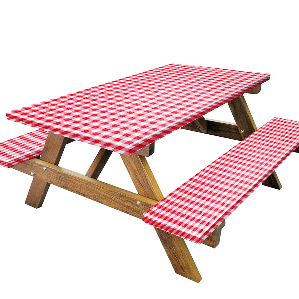 frtzal Vinyl Picnic Tablecloths and Bench Covers, Waterproof Picnic Table and Bench Seat Covers with Elastic Edges for Outdoor Patio Park (3PARK -RED)