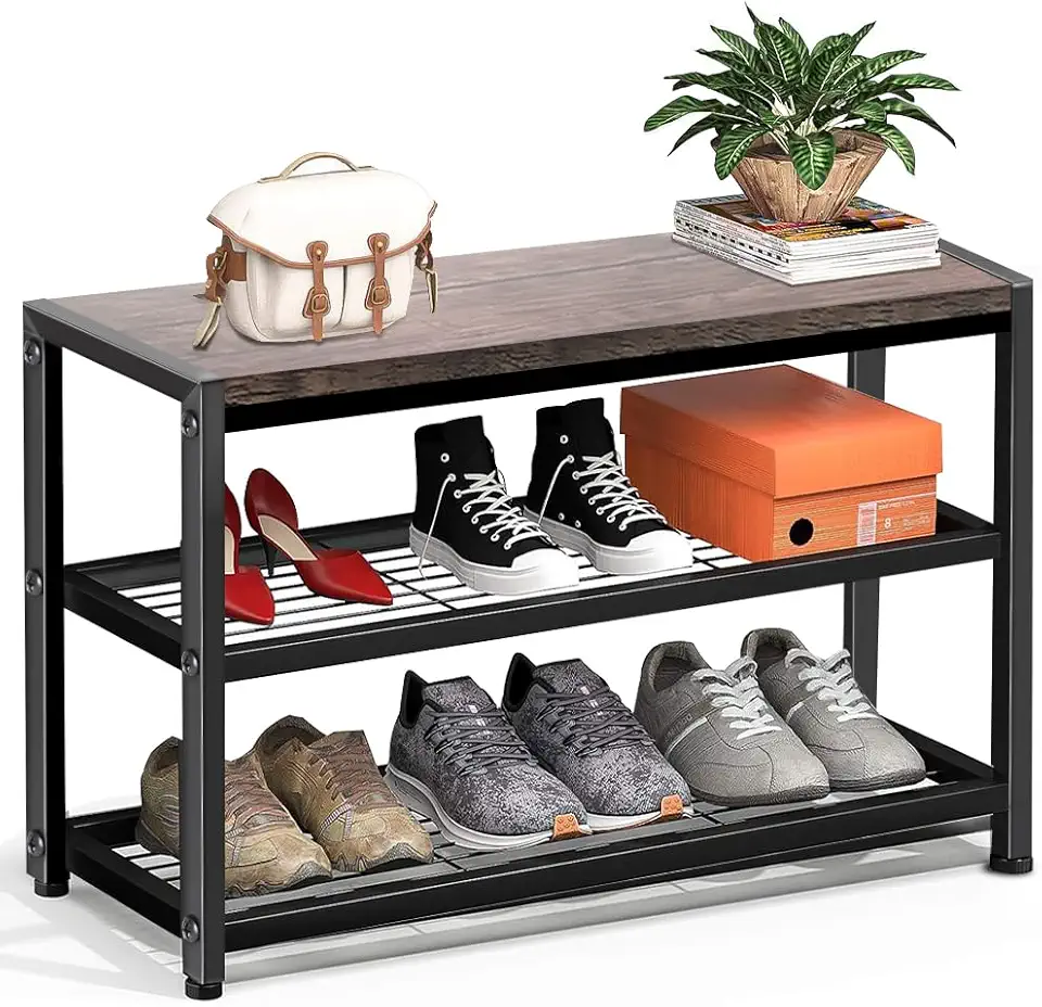 Banco Sapateira, Sapateira Hall de Entrada, Metal e Madeira - Sapateira Organizadora para Hall de Entrada com Assento de Madeira e Capacidade de Peso de 100 kg