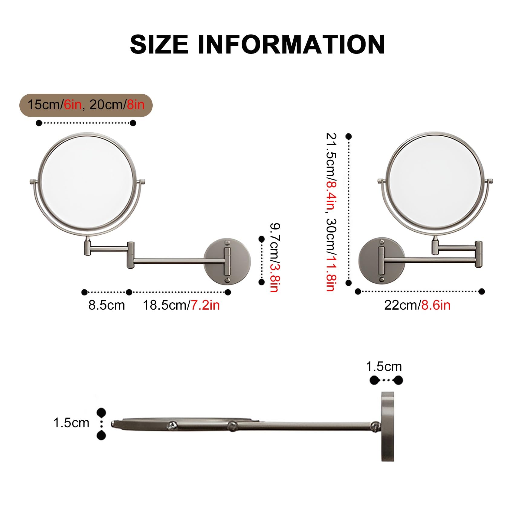 Specchio Trucco Da Parete Bifacciale 1x 3x Ingranditore 360° Girevole | Specchio Bagno con Braccio Estensibile, Vetro HD Antiappannamento e Cornice Alluminio per Rasatura(Argento,20cm/8in)
