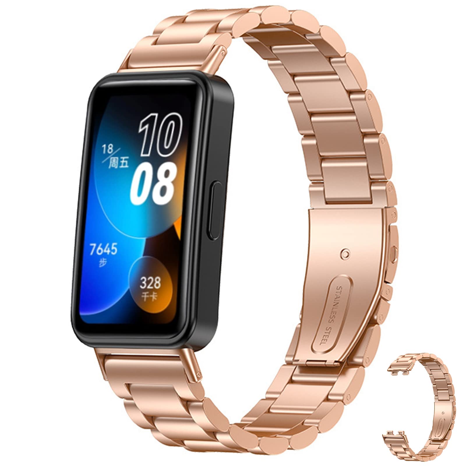 Miimall Metal Strap Compatible with Huawei Band 8, Stainless Steel Replacement Band with Folding Clasp