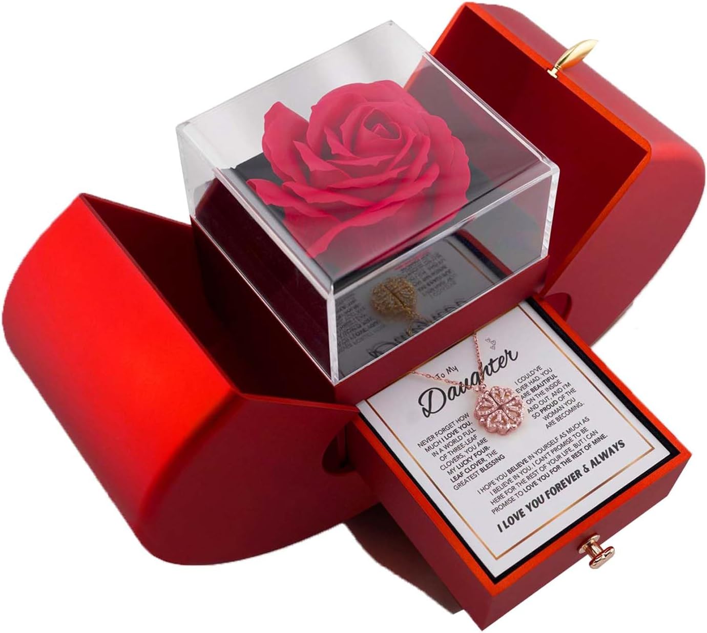Daughter's 4-Leaf Clover Lucky Charm Necklace and Forever and Rose Gift Box, S925 Sterling Silver Necklace for My Daughter Four Leaf Clover, Birthday Gifts for My Daughter