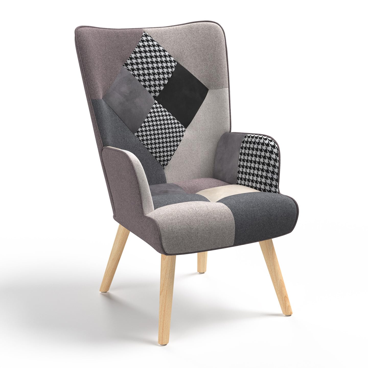 IDMarket - Fauteuil scandinave Ivar en Tissu Patchwork Noir, Gris et Blanc