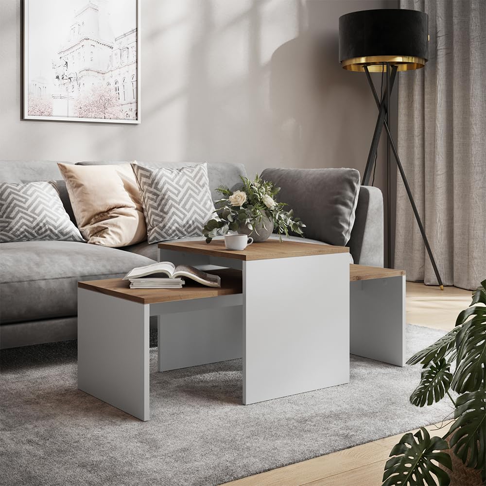 Vicco Set di tavolini da salotto Donat, Rovere bianco/dorato, 100 x 48 cm, 2 parti, per un utilizzo flessibile come tavoli singoli o combinati