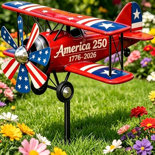 America 250th Biplane Wind Spinner Retro Biplane Kinetic Wind Spinner 1776-2026 Patriotic Airplane Sculpture 4th of July Large Whimsical Aircraft Stake for Yard Lawn Outside Decor (Red)