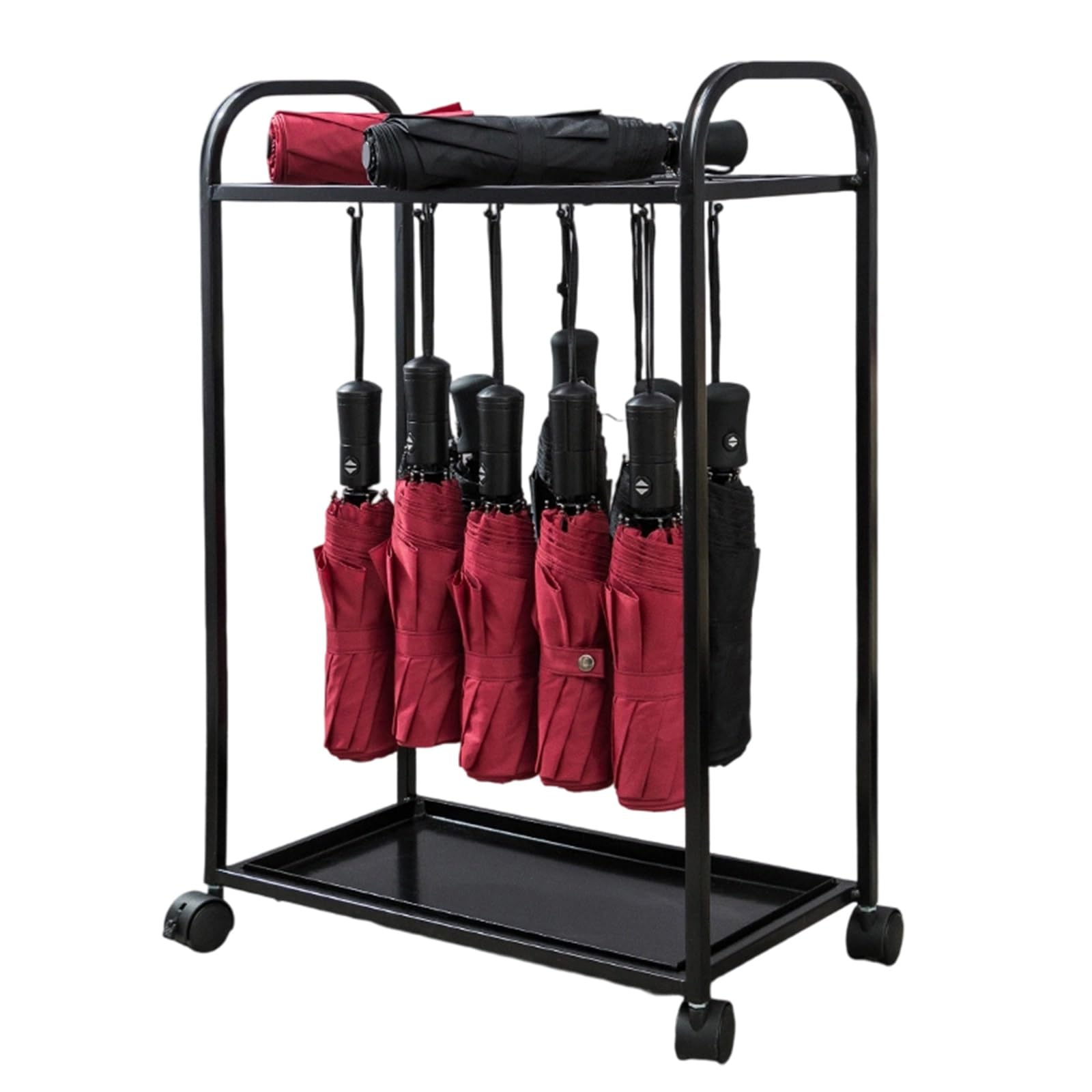 CWCQGH Portable Umbrella Holder Rack with 12 Holes & 6 Hooks Modern Metal Design Locking Wheels & Removable Drip Tray for Hotels & Apartments Entryway nizer,Black-45 * 25 * 68cm/19 * 9 * 26in