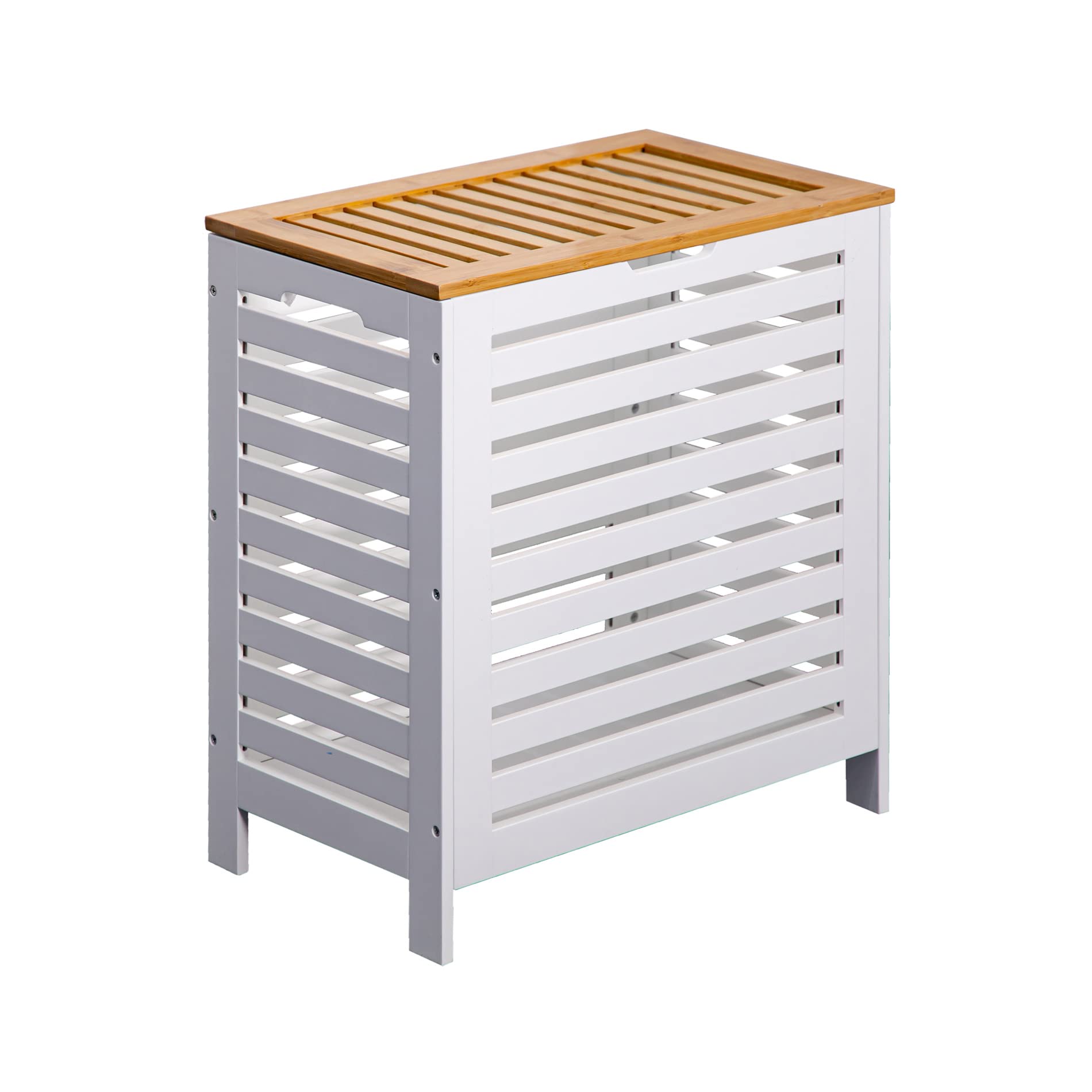 Rebecca Mobili Panier à linge avec couvercle en bois de bambou Mdf, blanc brun, gain de place Salle de bains Organisation du linge - Dimensions HxLxP : 55 x 50 x 30 cm - Art. RE6711