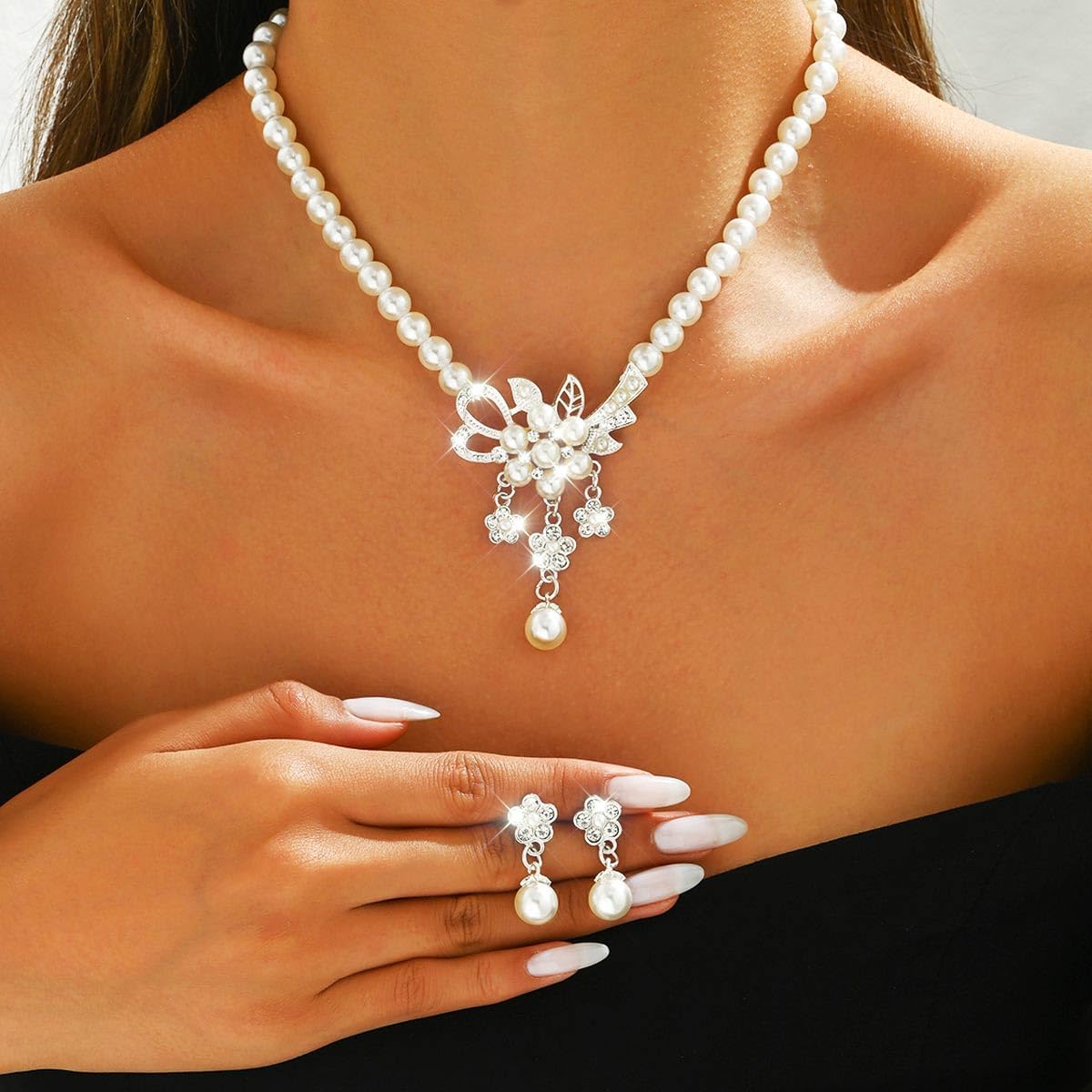 EVILD Pearl Jewelry Set Silver Rhinestone Flower Necklace and Earring Set for Women - Image 6