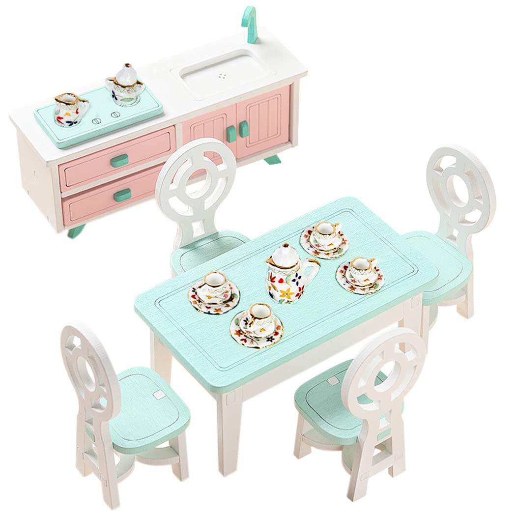 Dollhouse Kitchen Furniture Set Mini Wooden Dollhouse Accessories Include Kitchenette Desk Chairs and a Tiny Tableware Set for Kids Gift