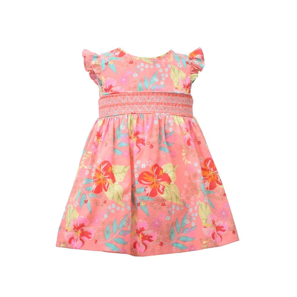 Bonnie Jean Girl's Dress - Smocked Pink Floral Flutter Sleeve Dress for Baby, Toddler and Little Girls, Pink Floral, 3-6 Months