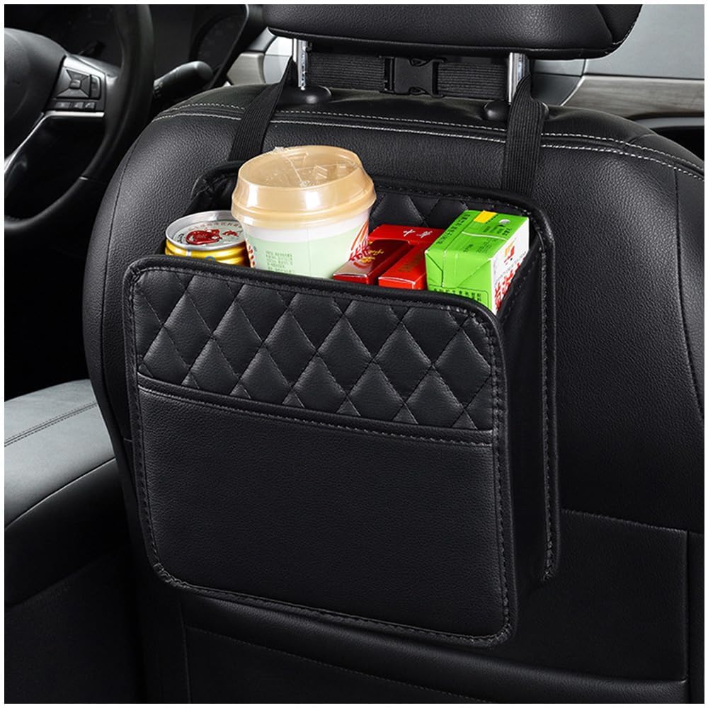 somnandi car backseat organizer, black pu leather storage bag with quilted design, 25.5x14.5x10 cm, multi – compartment car seat storage box with adjustable straps