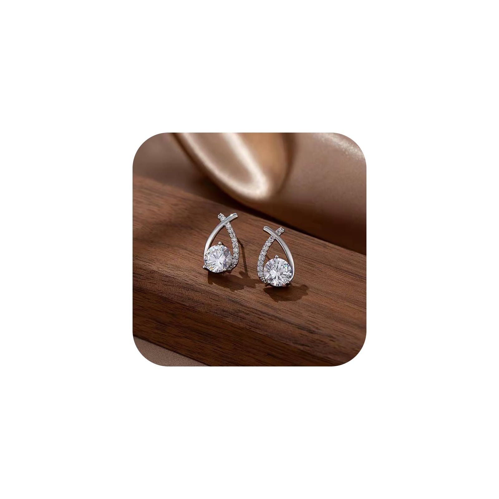 Women Synthetic Diamond Earrings, 18K White Gold Plated Round Square Cubic Zirconia Hypoallergenic Studs Earrings