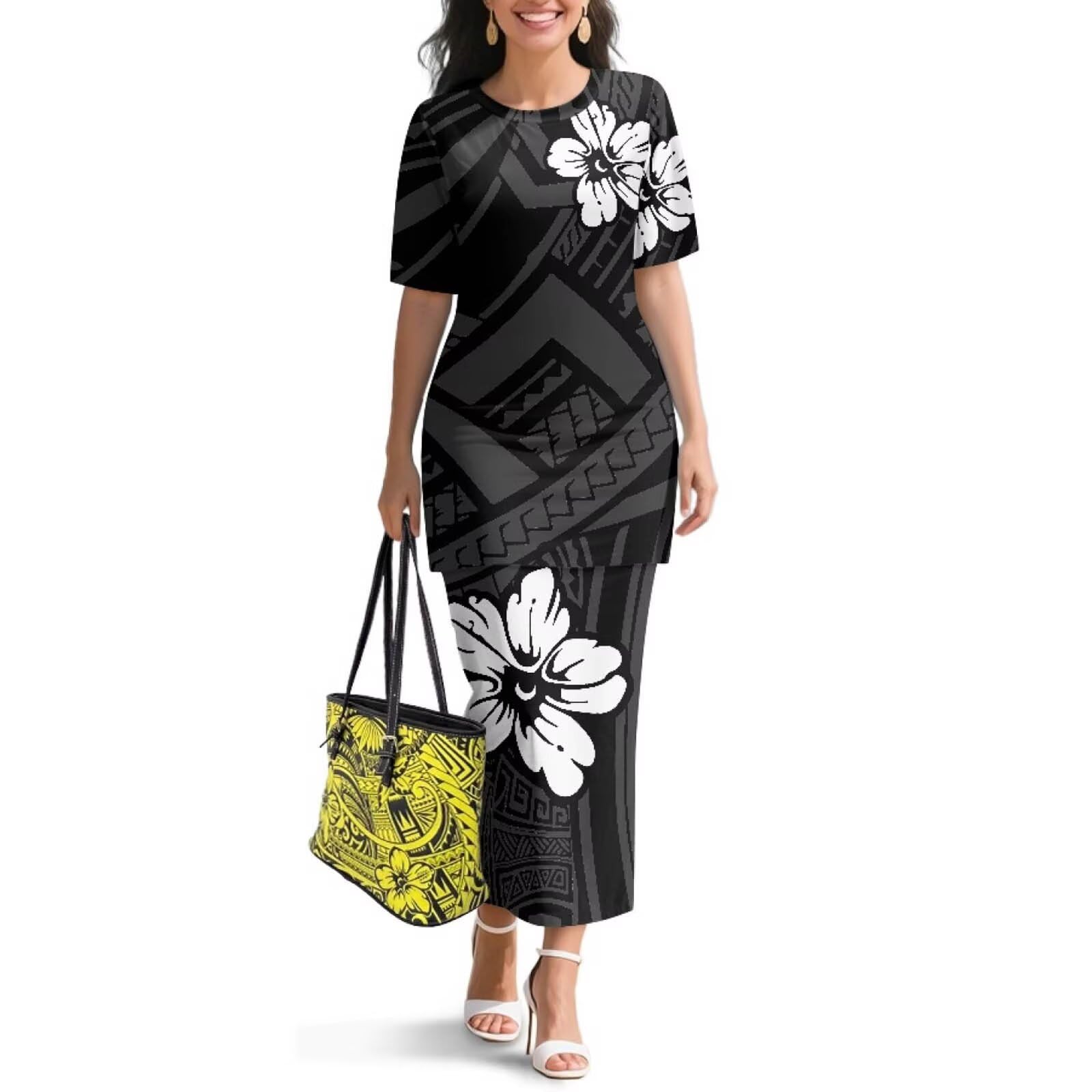 Polynesian Dress for Women Short Sleeve High Waist Maxi Skirt