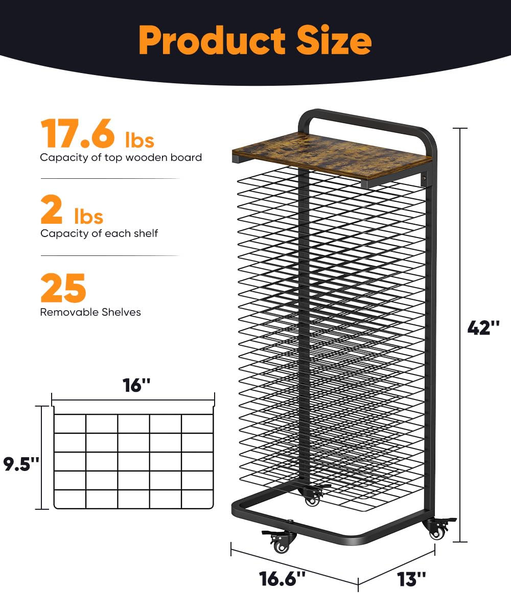 mocomax Estante de secado de arte con tablero superior, soporte móvil de secado de pintura con 25 estantes extraíbles, estante de almacenamiento funcional de lona con ruedas bloqueables para aulas y