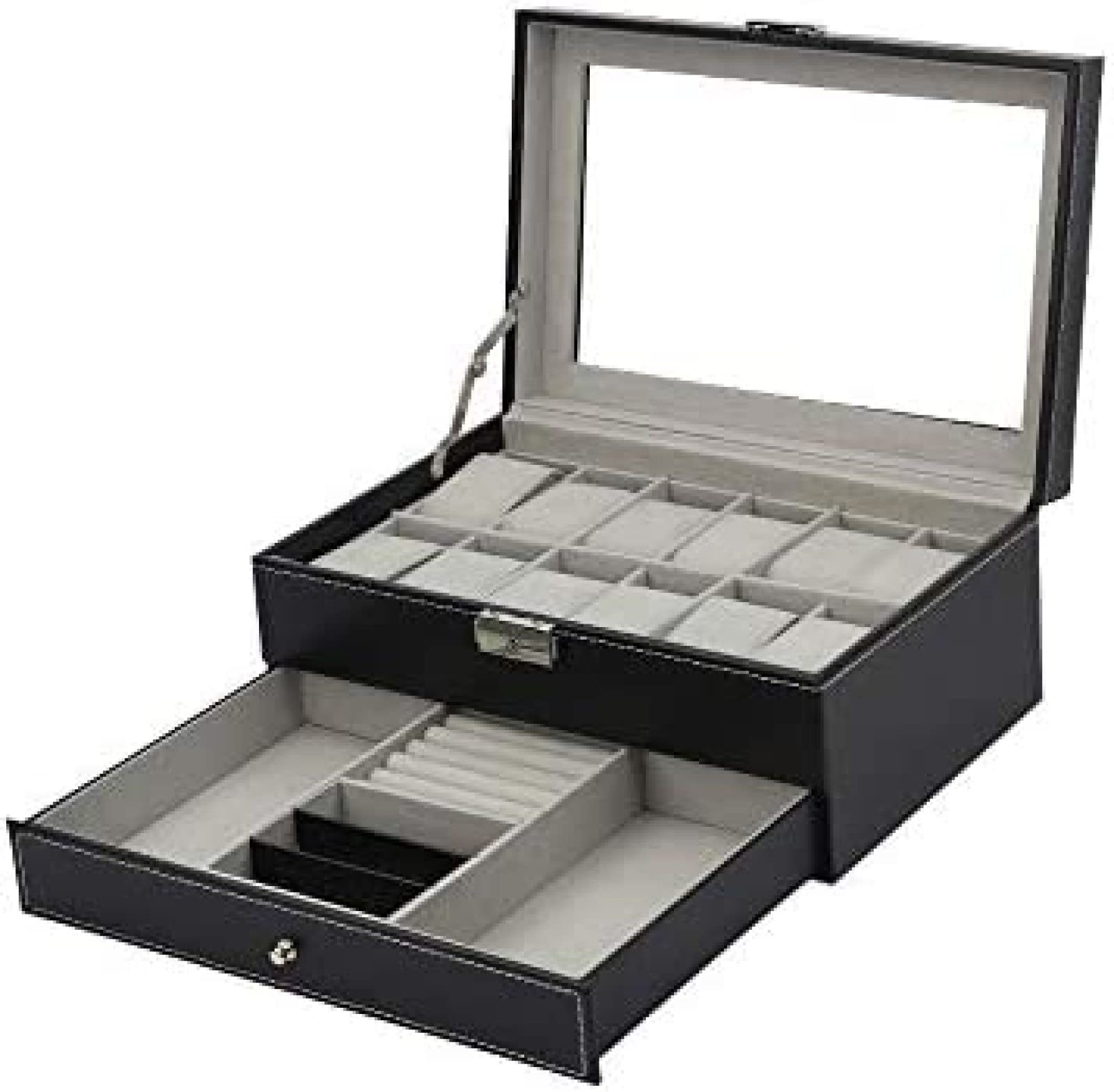 YNBSHGAA 2 Layer Multi-Function Lockable Watch Jewelry Storage Box for 20 Watches Bracelets Rings Necklaces Earrings PU Large Leather Jewellery Display Cabinet,Black,Black