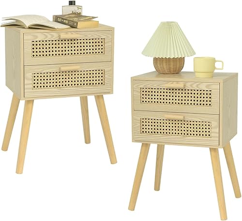 AWASEN Juego de 2 mesitas de noche de ratán con cajones, mesita de noche con almacenamiento y patas de madera maciza, mesa auxiliar de ratán para