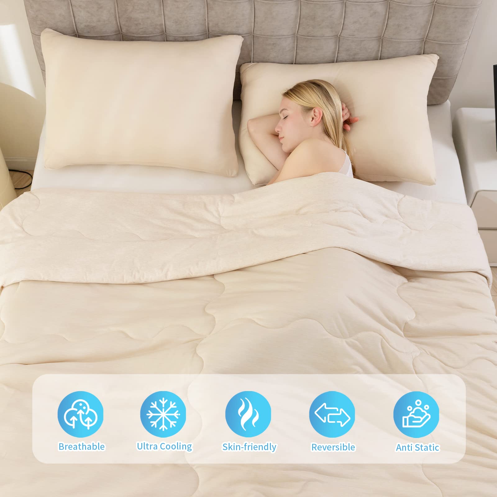 Syalife Cooling Comforter King Size, Cooling Blanket with Japanese Q-Max 0.45 Cooling Fiber, All Season Cotton Blanket Lightweight Comforter (Beige, 90"x108")