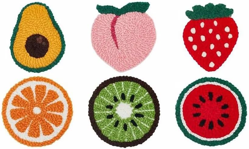 Punch Needle Coaster Kit 6 Patterns Fruits Tufted Rug Pads, DIY Needle Punch Coaster Kit for Adults Beginners with Adhesive Felt Yarns Embroidery Hoop Tools Instruction