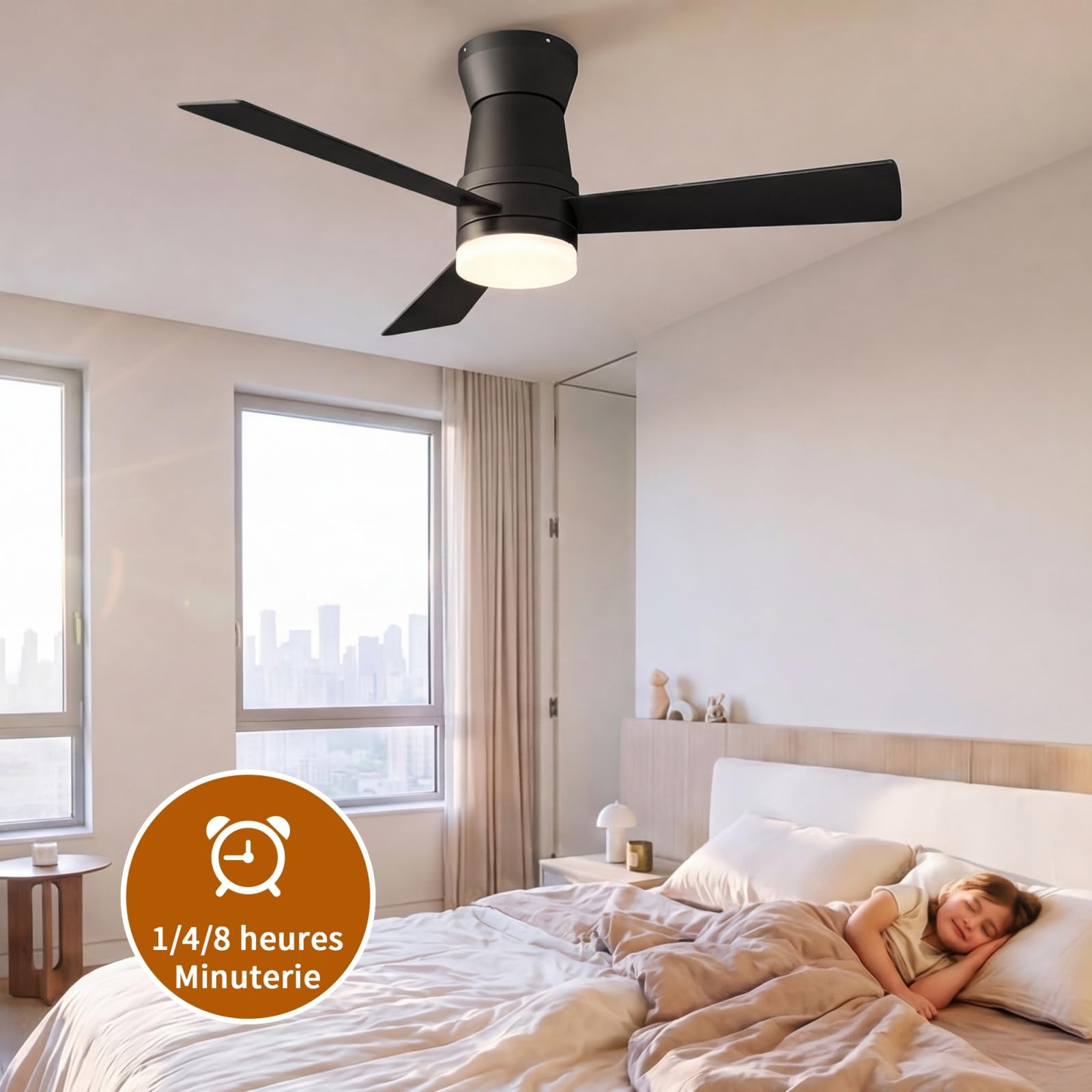 Ventilador de techo con 6 velocidades, 3 cuchillas, temporizador 1/4/8h, negro | Ventilador DC, motor de atenuador de frecuencia, funcionamiento verano/invierno,para sala de estar, dormitorio