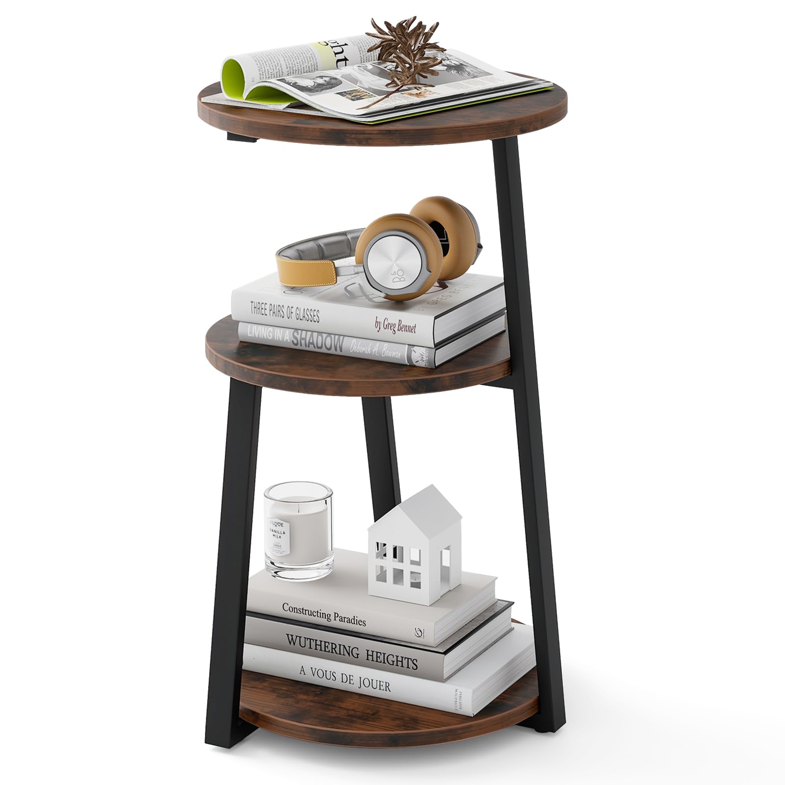 COSTWAY Table d'Appoint, Bout de Canape 3 Niveaux, Gueridon Haut, Cadre en Métal, Design Rond, Table de Chevet, Petite Table Basse pour Salon, Chambre, 40,5 x 38 x 62 cm, Marron Rustique