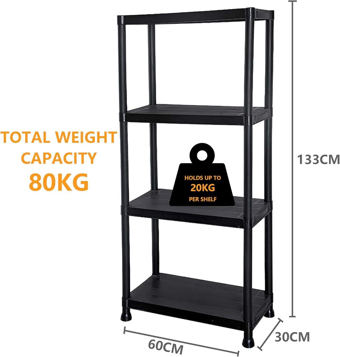 Scaffale a 4 ripiani in plastica nera resistente per casa, ufficio, dispensa, magazzino e cucina, soluzione durevole e versatile per un'organizzazione efficiente