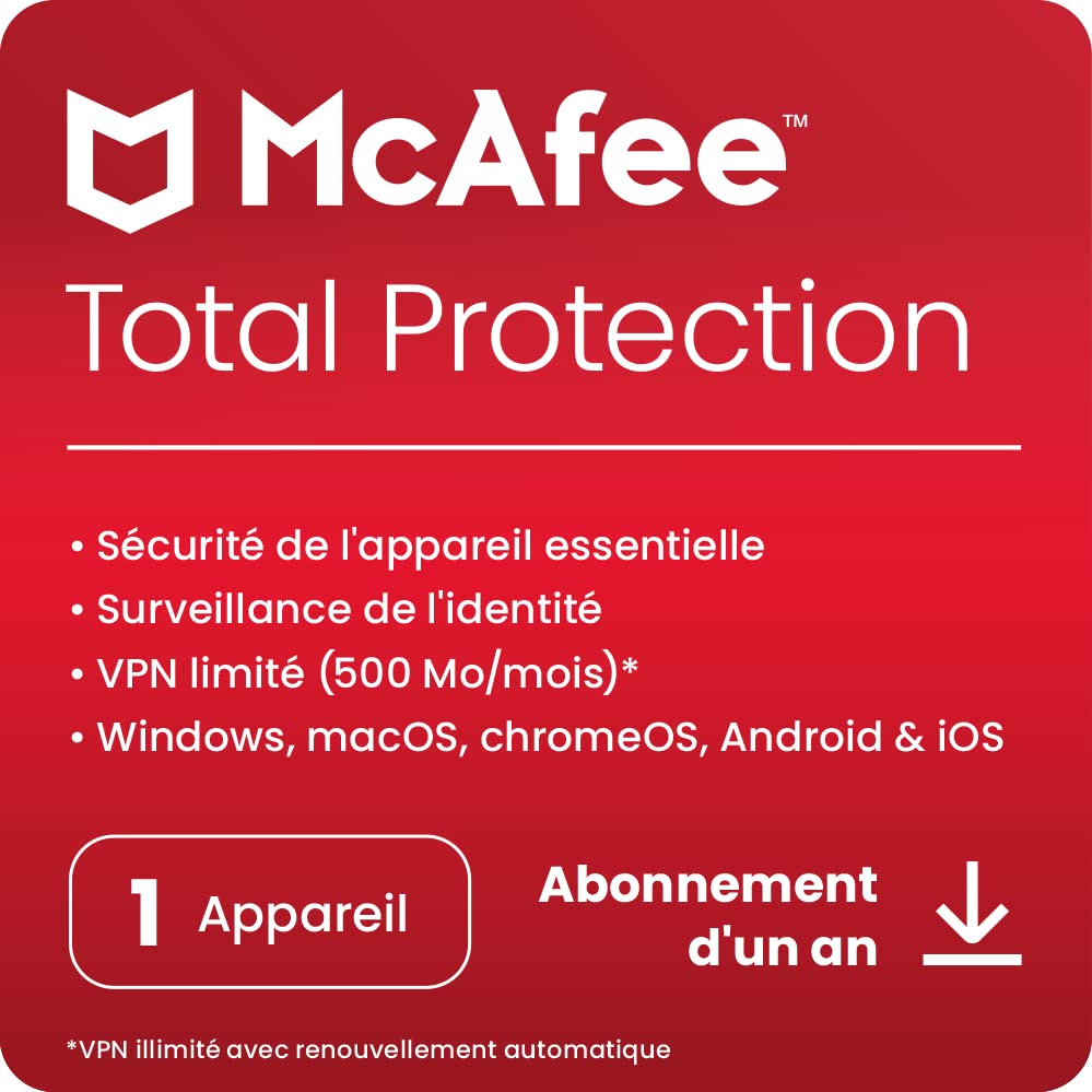 McAfee Total Protection 2023 | 1 appareil | Antivirus et sécurité Internet | VPN | Abonnement d'un an | Code d'activation par email